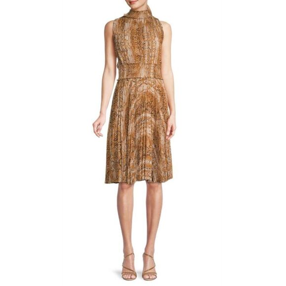 NWT Nanette Lepore Snakeskin Print Sleeveless Pleated MIDI Dress Gold Black 10 - Picture 1 of 12